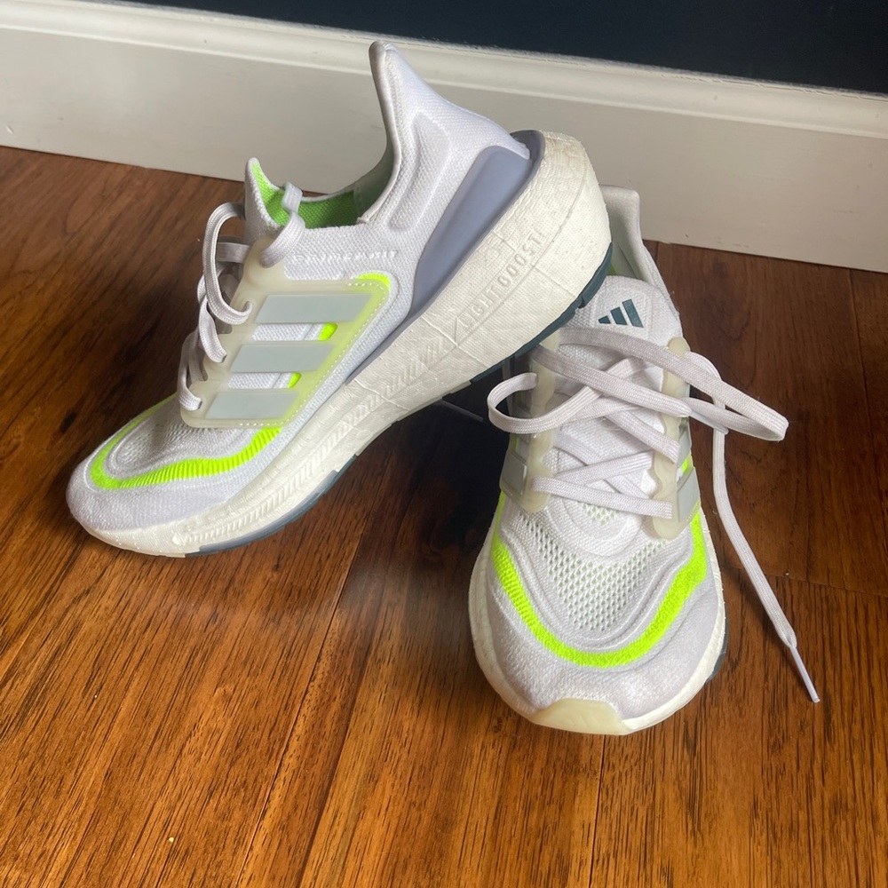Adidas White and Neon Green Ultraboost Light Running Shoes